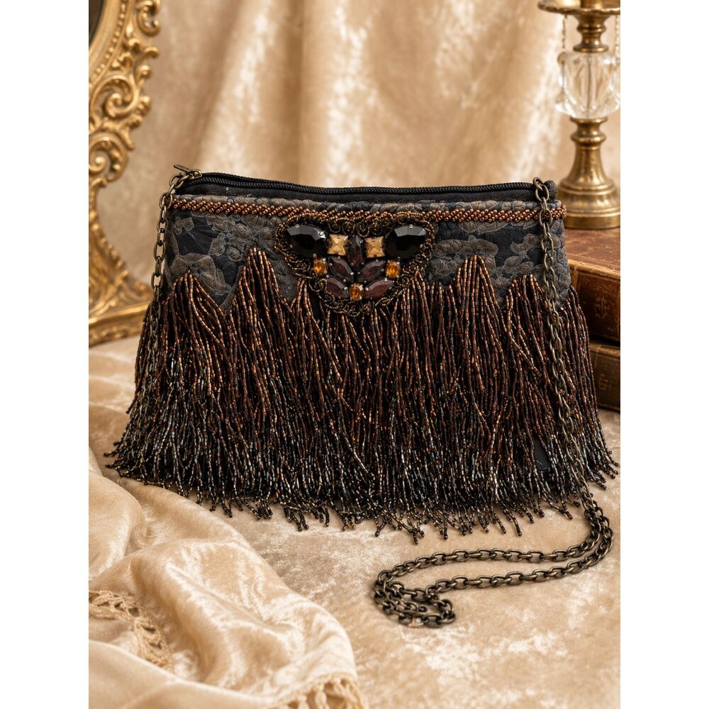 Vintage Y2K Dark Romantic Mary Frances Beaded Fringe Evening Bag Handmade Boho